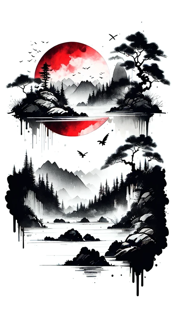 landscape ,background\(black sky,withered flowers all over the ground,a thick red water\), BREAK ,quality\(8k,wallpaper of extremely detailed CG unit, masterpiece,high resolution,top-quality,top-quality real texture skin,hyper realisitic,increase the resolution,RAW photos,best qualtiy,highly detailed,the wallpaper\), only paint some tree ( red ), moon