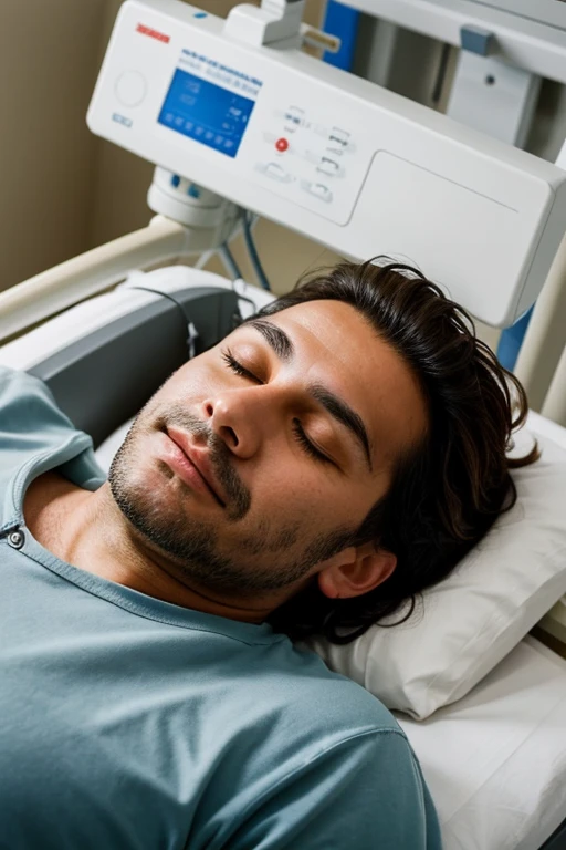 I want a very realistic photo of a 48 year old Spanish man without a beard lying with his eyes closed on a hospital bed being in an artificial coma and connected to several machines