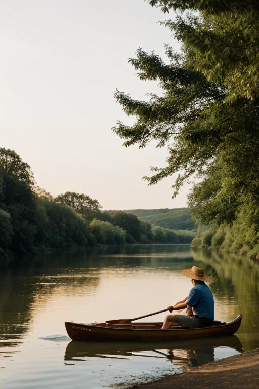 landscape photography. Wide vision. man in profile, rowing a boat on a river. Wearing a big straw hat.