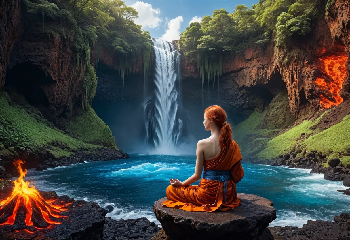 a picture of a (female monk: 1.2) sitting and meditating near a waterfall, at the base of the waterfall,  there is a human woman monk wearing monk garbs, meditating near a bonfire near an (epic sized waterfall: 1.3), red hair, long hair, full body (best details, Masterpiece, best quality :1.5), ultra detailed face (best details, Masterpiece, best quality :1.5), ultra feminine (best details, Masterpiece, best quality :1.5), exquisite beautiful (best details, Masterpiece, best quality :1.5) red hair, long hair, wavy hair, pale skin, blue eyes, intense eyes, water coming down from a volcanic cliff, multi level water falls, several pools created in different levels, forming new waterfalls, water cascading into a (large lava pool: 1.3) steam rising, clear water in many hues of blue and azure, fantasy art, photorealistic, D&D art, ultra best realistic, best details, best quality, 16k, [ultra detailed], masterpiece, best quality, (extremely detailed), ultra wide shot, photorealism, depth of field, hyper realistic painting, faize