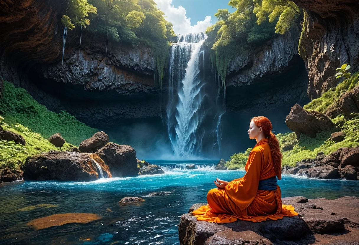 a picture of a (female monk: 1.2) sitting and meditating near a waterfall, at the base of the waterfall,  there is a human woman monk wearing monk garbs, meditating near a bonfire near an (epic sized waterfall: 1.3), red hair, long hair, full body (best details, Masterpiece, best quality :1.5), ultra detailed face (best details, Masterpiece, best quality :1.5), ultra feminine (best details, Masterpiece, best quality :1.5), exquisite beautiful (best details, Masterpiece, best quality :1.5) red hair, long hair, wavy hair, pale skin, blue eyes, intense eyes, water coming down from a volcanic cliff, multi level water falls, several pools created in different levels, forming new waterfalls, water cascading into a (large lava pool: 1.3) steam rising, clear water in many hues of blue and azure, fantasy art, photorealistic, D&D art, ultra best realistic, best details, best quality, 16k, [ultra detailed], masterpiece, best quality, (extremely detailed), ultra wide shot, photorealism, depth of field, hyper realistic painting, faize