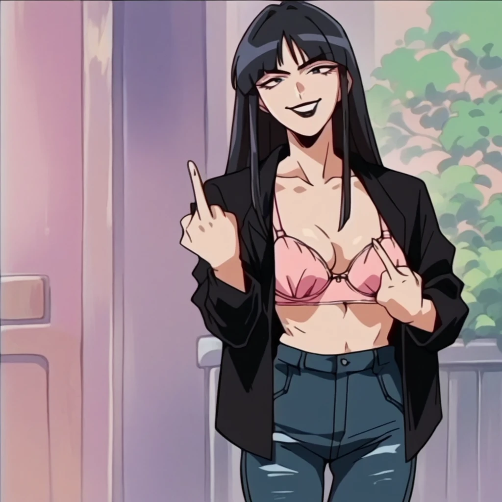 eautyful mature japanese woman, slim body, slender body, black jacket, lowered black jeans,big long fringe black hair, black lipstick, middle finger, pink bra, pink panties, naughty smile