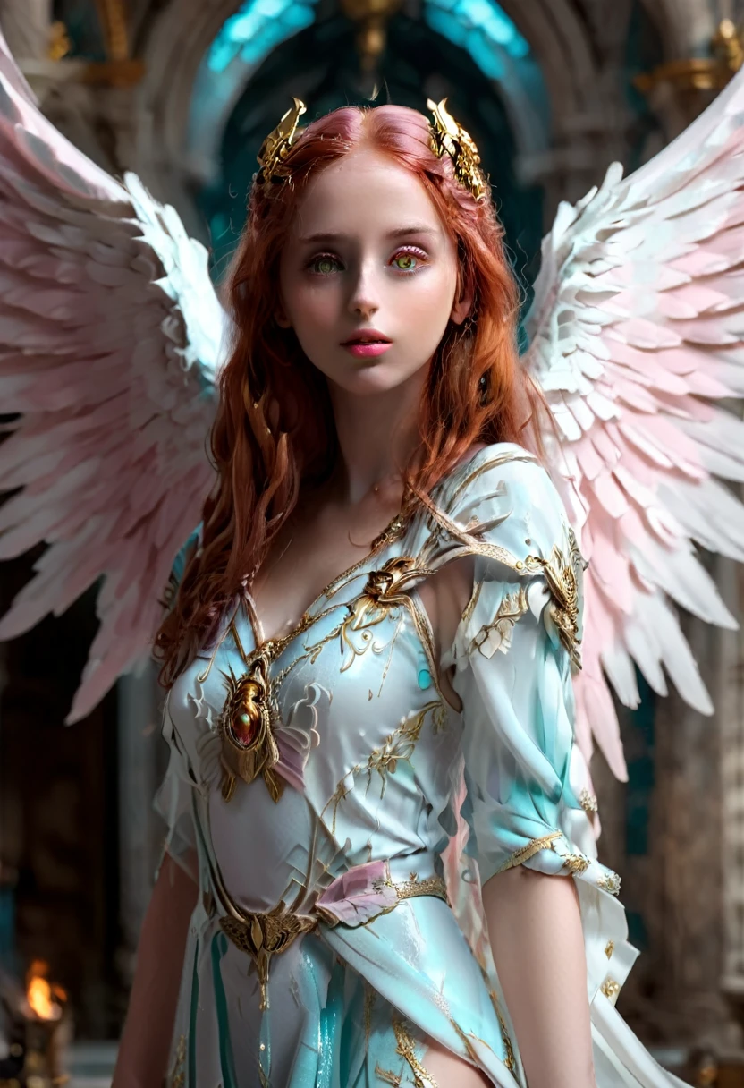 eris, beautiful greek goddess of discord, beautiful young adult woman with long red hair, white angel wings;which he wears loose, Yellow eyes(mischievous and sensual look), brushed lips, pale skin, dressed in an elegant ancient Greek costume of aqua color with gold details((She must be wet with her breasts and pink nipples visible through her tunic.)), Underworld. Marvel drawing style image