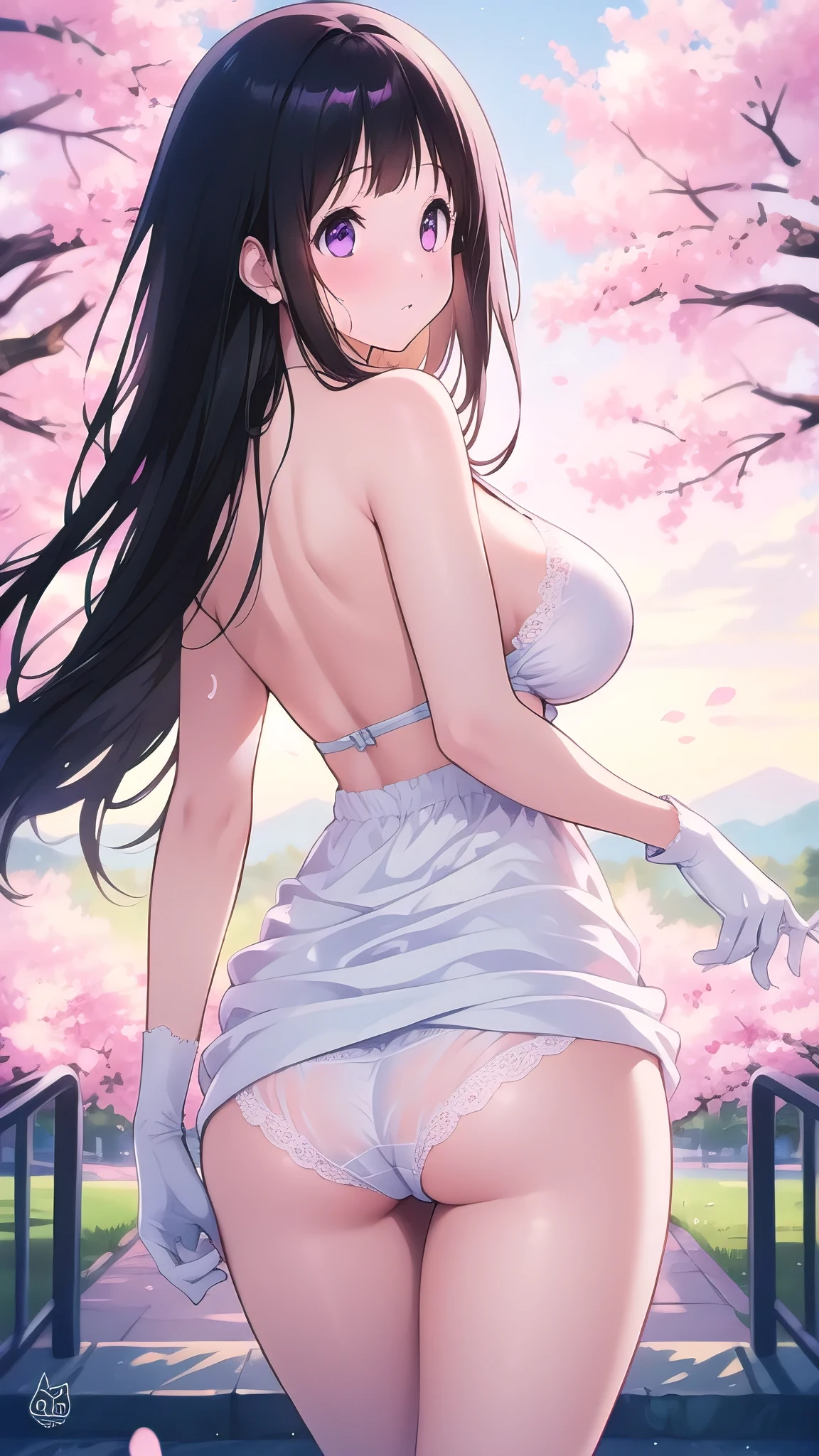 Amazing Chitanda, There is only one beautiful girl,Purple Eyes, Black Hair, Very red face,Very white skin,Glowing skin,Skin as delicate as porcelain,Naturally straight hair, Straight bangs,Extremely refined,Open lips,Long flowing hair,Beautiful Girl, Like a dream,Slim,Slim waist,soft, (sensuous), (Kawaii), Dream quality,Beautiful big breasts,Transparent loose school uniform,areola,Completely naked,Lower edge of breast,White gloves,Flower decoration,Deep V neckline,Loose neckline,Lace-up,Wide neckline,Walking in school,Place your hands on your inner thighs,Thighs clamp hands,Wet skin,Sweaty and sweaty,Sweating all over,Underwear Rain,Next to the cherry blossom trees,Back to,Lean over,Hips,Side body,Gluteal groove,Completely naked buttocks,Bare back,Completely naked back,Light transmission,(no pants),nopan,pussy juice,Bare shoulders,Bare neck,Exposed collarbone,Exposing breasts,Exposing breasts side,Exposing breasts,Show your waist,Show your buttocks,Show your thighs,Exposing the groin,(No pants),extremely shy,Ultra-high resolution, (masterpiece:1.2, best quality), (Delicate and beautiful eyes: 1.2), (Beautiful and delicate face)