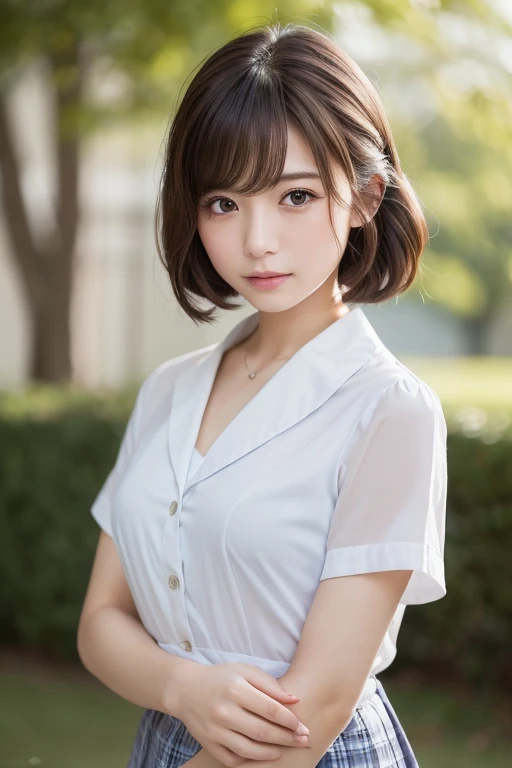 (highest quality,masterpiece:1.3,Ultra-high resolution),(Super detailed,Caustics,8k), (Photorealistic:1.4, RAW shooting),darkness,Dark studio,Japanese,20-year-old,smile,Natural Makeup,Natural brown short hair,(White shirt),Big Breasts,Rim Light,Waist up shot