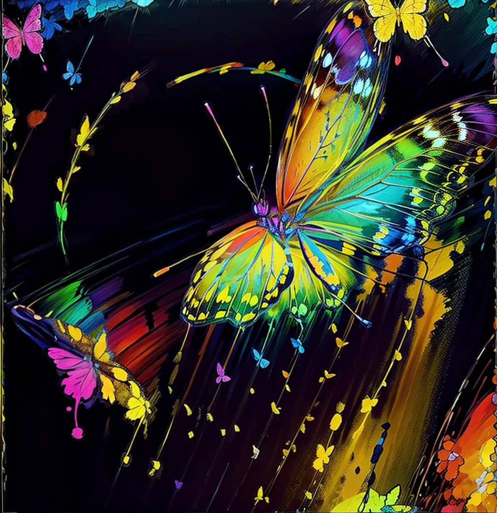 A butterfly on a black background, colored like a painting, neon 