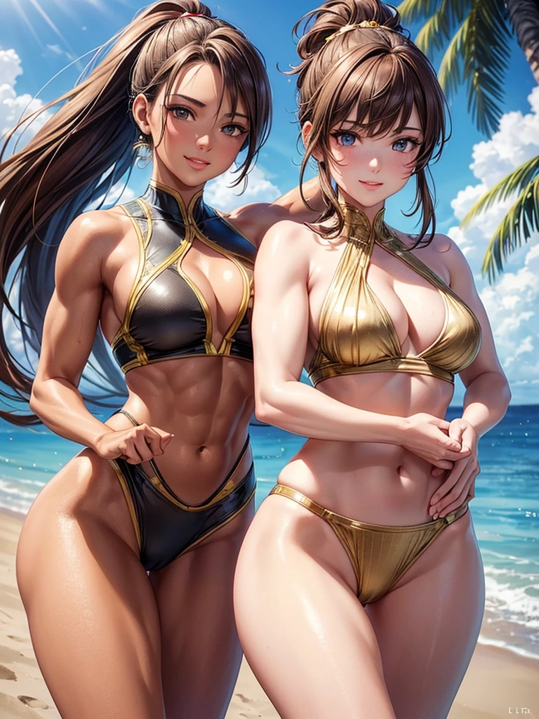 ,(best quality, ultra-detailed, realistic:1.37, masterpiece:1.2), woman, beautiful detailed eyes, beautiful detailed lips, brown hair tied up, smile,gold Racing-style swimsuit, (muscular body:1.1),slim figure, caustics, textile shading, toned body, clean abs, palm trees swaying,  ponytail,