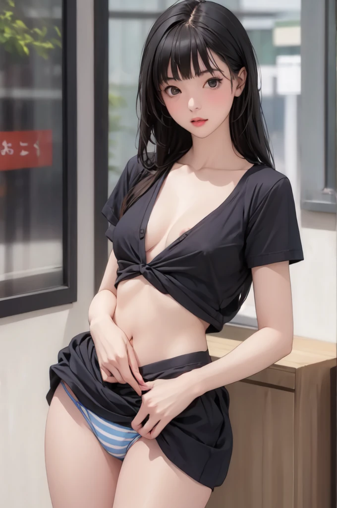 ((masterpiece, best quality)),((highres:1.2)), 1 Girl, solo, Blurred Background, (((Small breasts))), Thighs, (Stripe underwear), アトラス T-Shirts, nipple