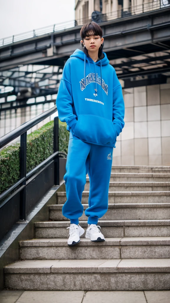 Readhead influencer during photo session on stairs in the london, blue hoodie, full body shot 