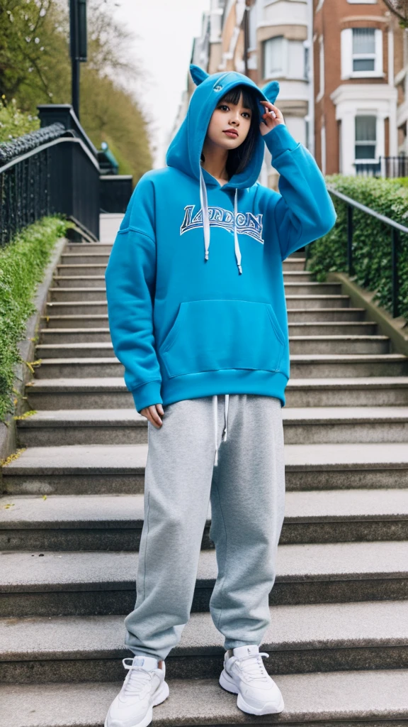 Readhead influencer during photo session on stairs in the london, blue hoodie, full body shot