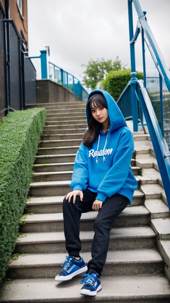 Readhead influencer during photo session on stairs in the london, blue hoodie, full body shot