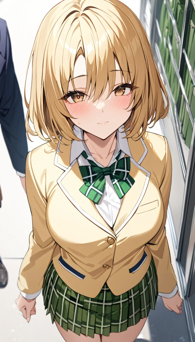 masterpiece, best quality, highres, 1girl, solo, blonde medium hair, brown eyes, , green bowtie, blazer, yellow jacket, long sleeves, plaid skirt, green skirt, walking in school, from above,closed mouth face