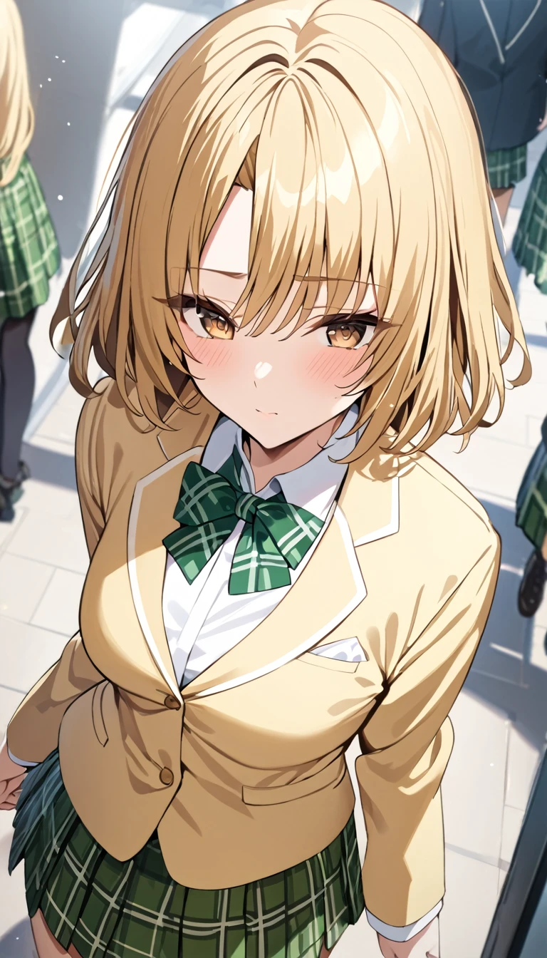 masterpiece, best quality, highres, 1girl, solo, blonde medium hair, brown eyes, , green bowtie, blazer, yellow jacket, long sleeves, plaid skirt, green skirt, walking in school, from above,closed mouth face