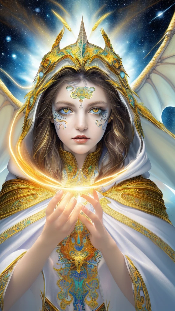 (masterpiece, Highest quality, Highest quality, Official Art, beautifully、aesthetic:1.2), (One young girl), Highly detailed eyes, (Fractal Art:1.3), colorful, Most detailed, (Perfect Face), Shiny skin, High resolution, (White cloak Golden Line:1.2), Milky Way, (Streaks of Light), Impressive visuals, (Dynamic stripes, Light trail:1.2), Vibrant colors, (Phoenix), (Dragon)