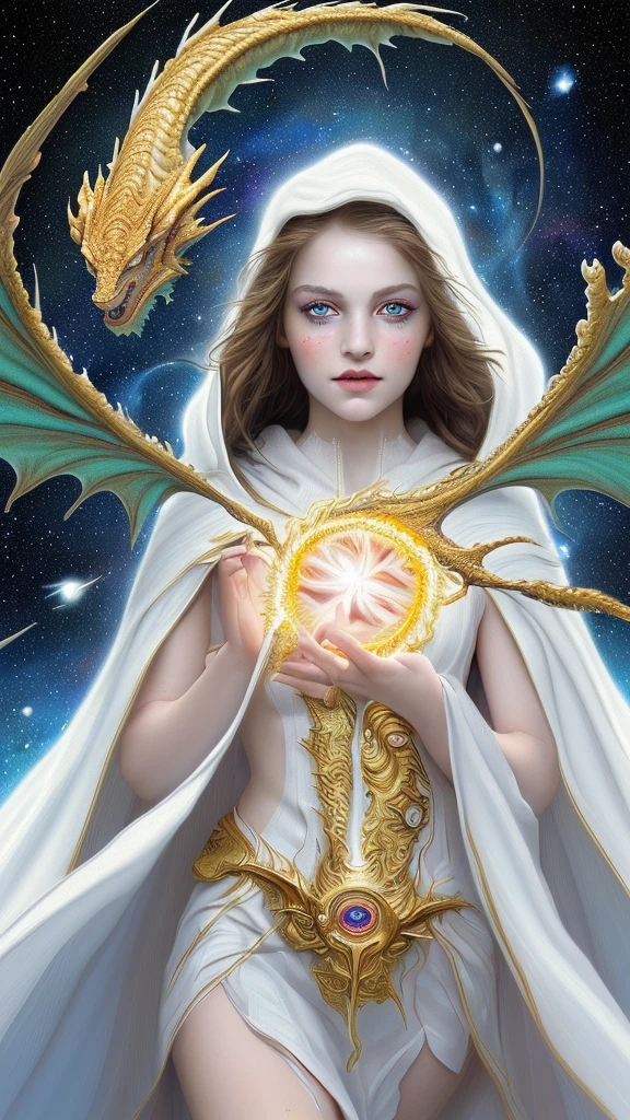 (masterpiece, Highest quality, Highest quality, Official Art, beautifully、aesthetic:1.2), (One young girl), Highly detailed eyes, (Fractal Art:1.3), colorful, Most detailed, (Perfect Face), Shiny skin, High resolution, (White cloak Golden Line:1.2), Milky Way, (Streaks of Light), Impressive visuals, (Dynamic stripes, Light trail:1.2), Vibrant colors, (Phoenix), (Dragon)