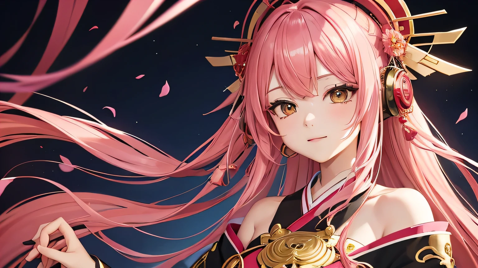 masterpiece, Highest quality, Highest quality, Official Art, beautifully、aesthetic:1.2), (One girl), Very detailed,(Fractal Art:1.3),colorful,Most detailed pink hair、I have headphones on。Yoshiwara Red Light District、No exposure。oiran。Fascinating, high-quality Official Art pieces featuring captivating and elegant women。She is dressed in traditional Japanese clothing.、Colorful and complex fractal patterns。For long, flowing pink hair、Decorated with beautiful red and green flowers and gold accessories、It frames the face。Eyes colored gold and red、Staring at the camera with a seductive look。women are、Put on headphones and complete the ENC