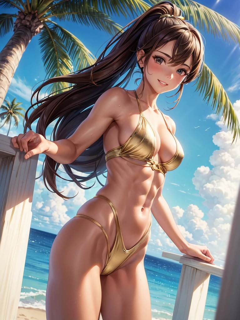 ,(best quality, ultra-detailed, realistic:1.37, masterpiece:1.2), woman, beautiful detailed eyes, beautiful detailed lips, brown hair tied up, smile,gold micro Racing-style swimsuit, (muscular body:1.1),slim figure, caustics, textile shading, toned body, clean abs, palm trees swaying, ponytail,