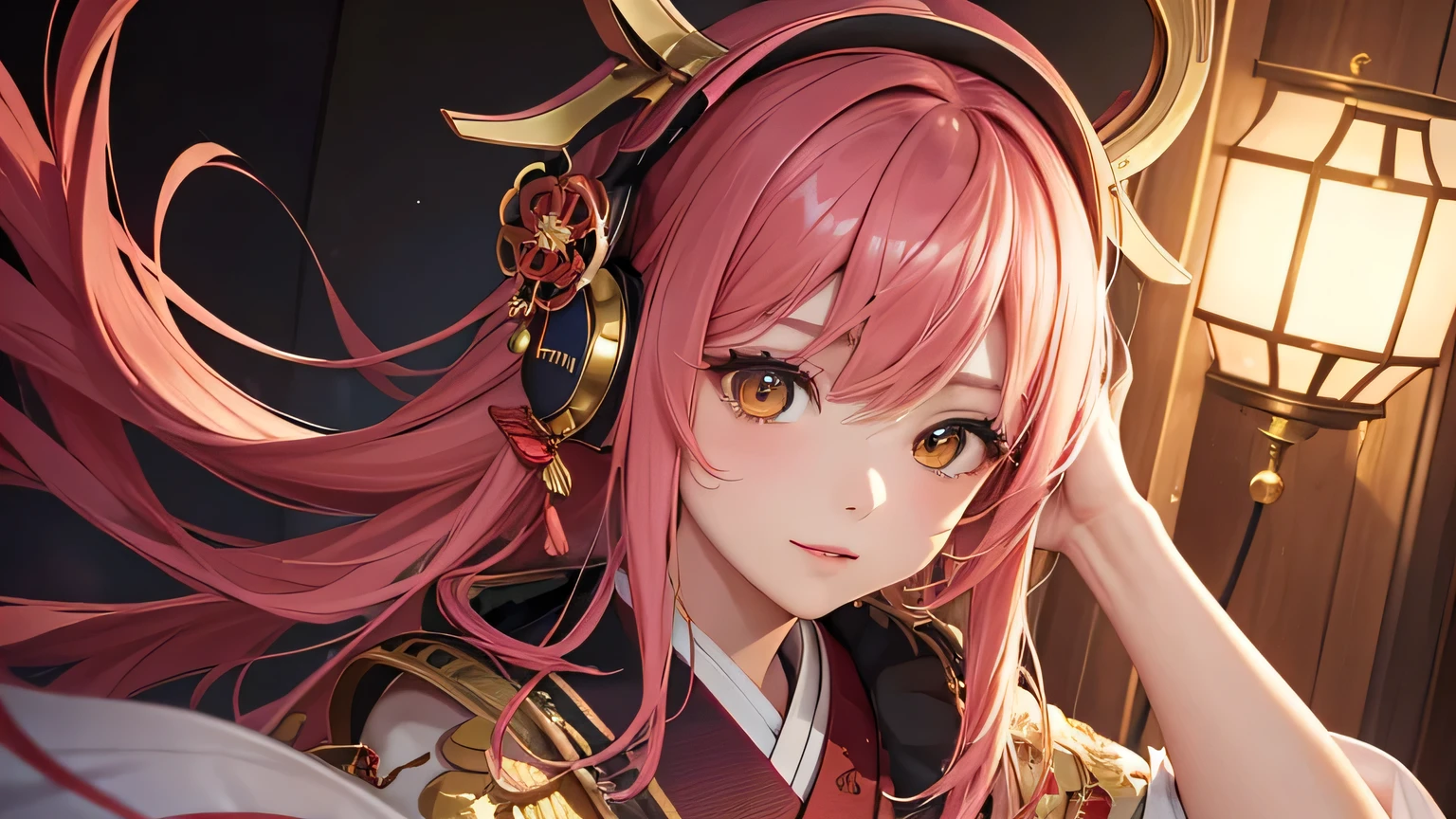 masterpiece, Highest quality, Highest quality, Official Art, beautifully、aesthetic:1.2), (One girl), Very detailed,(Fractal Art:1.3),colorful,Most detailed pink hair、I have headphones on。Yoshiwara Red Light District、No exposure。oiran。Fascinating, high-quality Official Art pieces featuring captivating and elegant women。She is dressed in traditional Japanese clothing.、Colorful and complex fractal patterns。For long, flowing pink hair、Decorated with beautiful red and green flowers and gold accessories、It frames the face。Eyes colored gold and red、Staring at the camera with a seductive look。women are、Put on headphones and complete the ENC