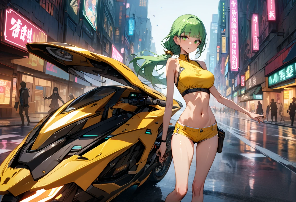 ((masterpiece,Highest quality:1.3)),cowboy shot,1woman,30 year old beauty、Investigator、独奏,(very small head:1.3),green hair,(low ponytail),long hair,blunt bangs,green eyes,gorgeous eyes,medium breasts,(very long body:1.2),(toned body,slender body,skinny),gleaming skin,shiny skin,oily skin,Yellow tube top bra、navel、Yellow micro shorts、(Drive a futuristic motorcycle)、Sprint、on road,Metropolis,neon、World of Blade Runner、