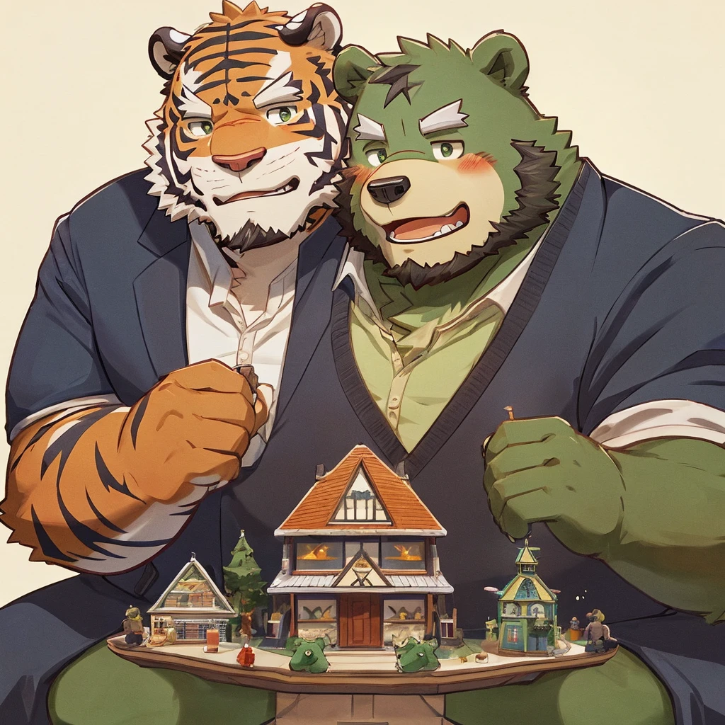 anthro, kemono, male, 2 men, (((green bear and orange tiger))), beard, white eyebrows, blush, simple background, build a miniature house,
