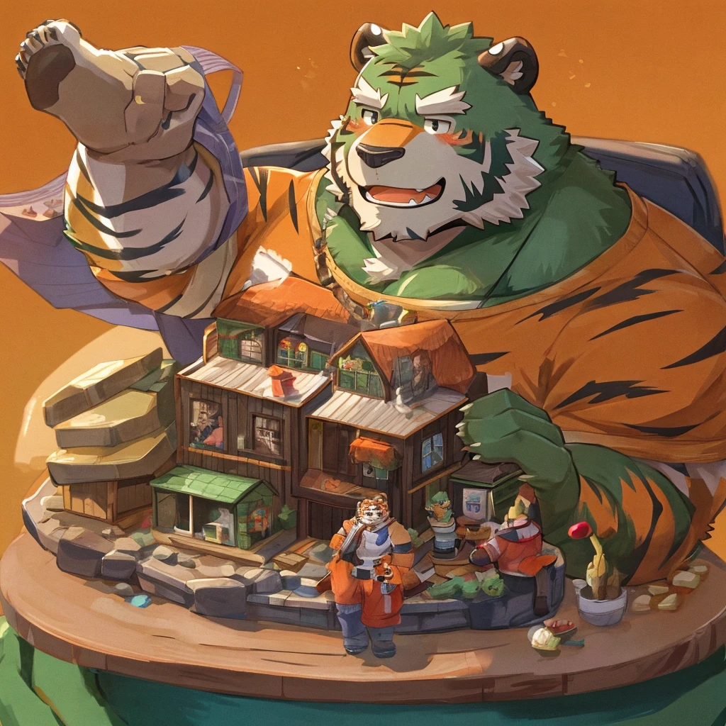 anthro, kemono, male, 2 men, (((green bear and orange tiger))), beard, white eyebrows, blush, simple background, build a miniature house,