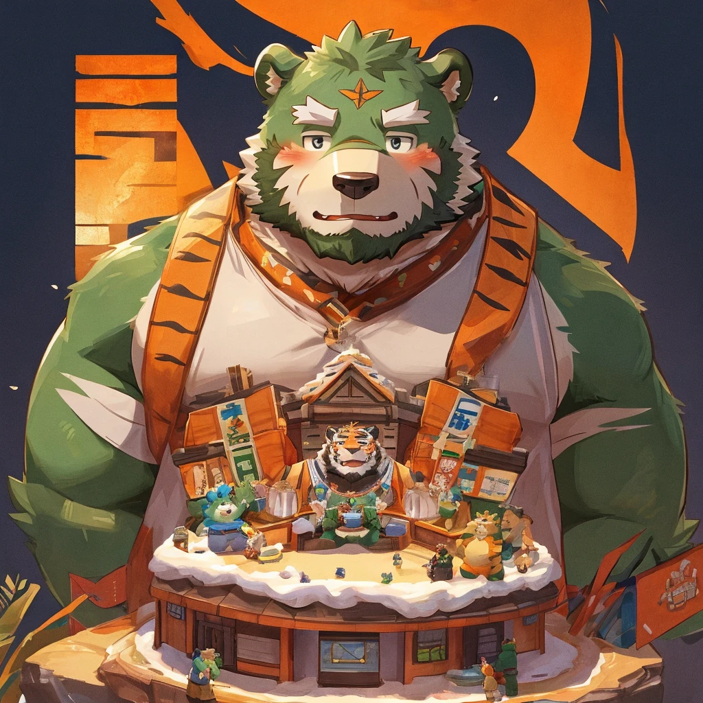 anthro, kemono, male, 2 men, (((green bear and orange tiger))), beard, white eyebrows, blush, simple background, build a miniature house,