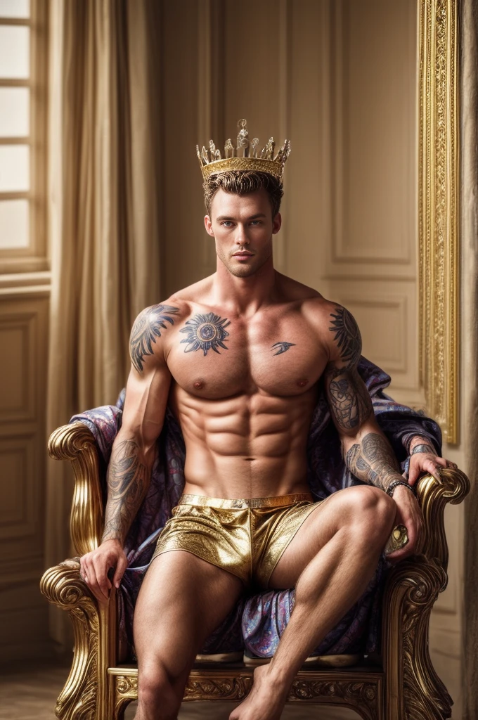 a surreal courtly photography, ultra-detailed, panoramic composition of subject and complete surrounding environment, handsome manly young topless christian hogue sitting on a throne, wears rich silks shorts and decorations, a crown on his head, Gold snake pattern tattoo