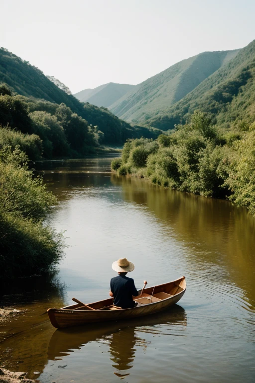 landscape photography. Wide vision. man in profile, rowing a boat on a river. Wearing a big straw hat.