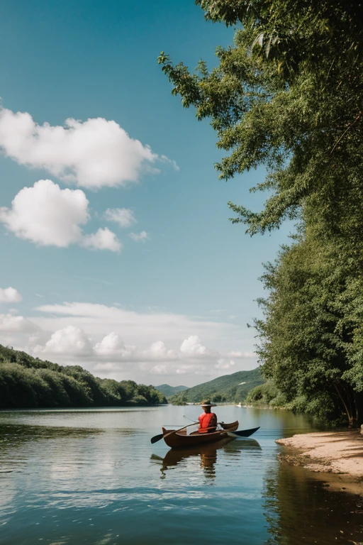 landscape photography. Wide vision. man in profile, rowing a boat on a river. Wearing a big straw hat.
