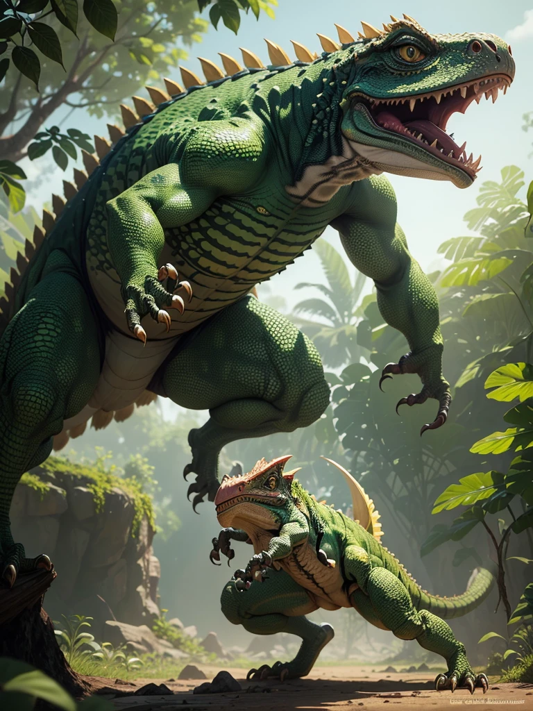 Little Jagras has the appearance of an iguana. another small and agile body, It has yellow scales with green details, with a long tail, with a strong tendency to hunt in groups and the hunter is tall with heavy armor with a giant sword, monster hunter world forest