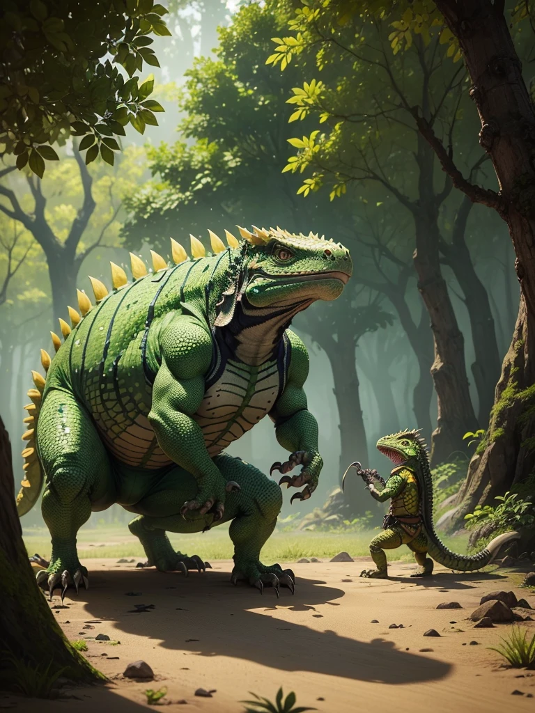 Little Jagras has the appearance of an iguana. another small and agile body, It has yellow scales with green details, with a long tail, with a strong tendency to hunt in groups and the hunter is tall with heavy armor with a giant sword, monster hunter world forest