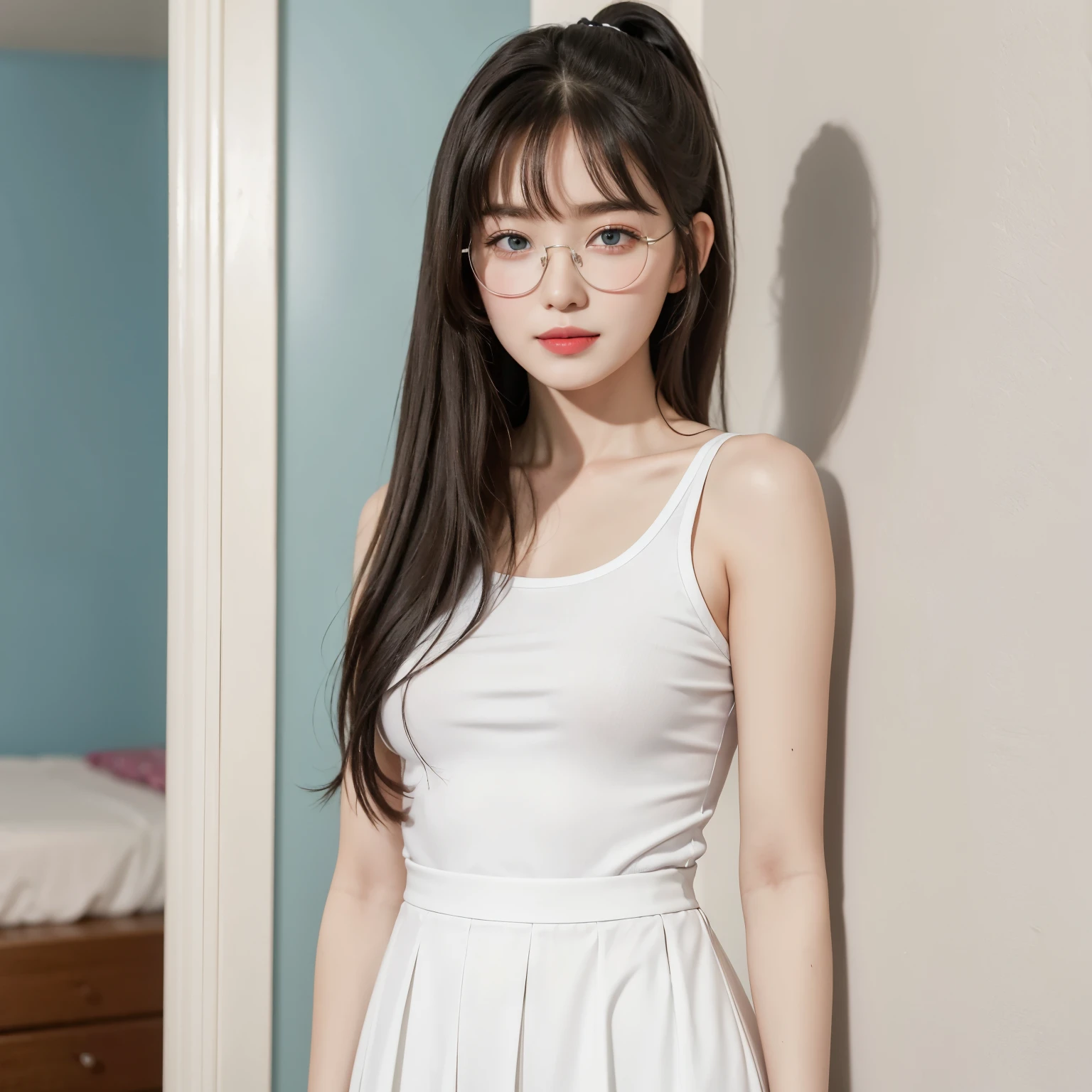(Best quality, masterpiece, detailed), (RAW, 4k, hd images), shy, 1 girl, 17 years old, white skin, long hair, ponytail, layers hair, bangs, black hair, beautiful girl, cute girl, sweet girl, pretty girl, perfect girl, pretty eyes, blue eyes, thin lips, thin, (eye line, lip stick soft), perfect, glasses(detailed frame), room, smile, white sport tank top, short skirt, standing, looking side, look side, white wall background, upper body
