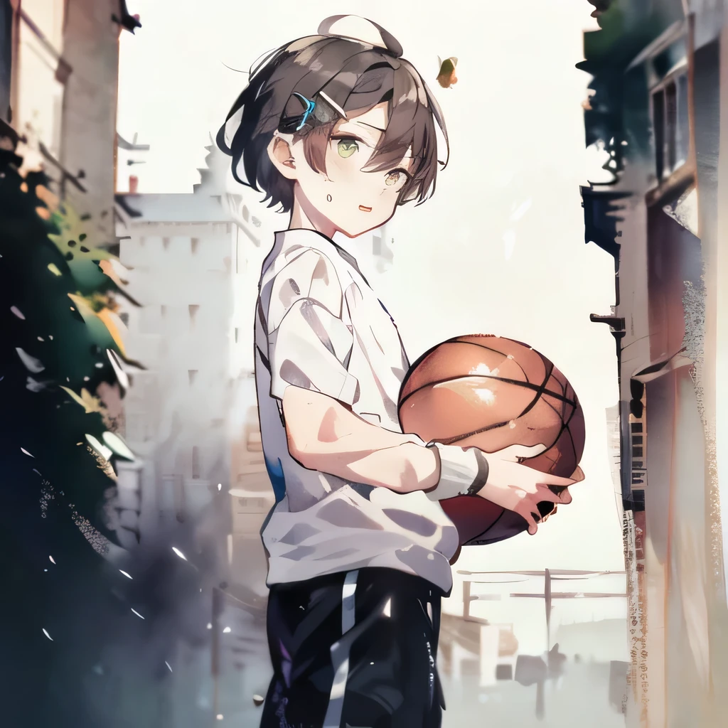 One boy, otoko no ko, Male Focus, alone, masterpiece, Highest quality, figure, Absurd, cute, movie_grain, Highly detailed face, Perfect lighting, Cowboy Shot, hideyoshi_kinoshita, Brown Hair, Green Eyes, hair ornaments, Hair Clip, Hair between the eyes, Flat Chest, See-through, basketball, Basketball uniform, Holding, Holding basketball, Sweat, Wet, Severe, running effect, Act fast, basketballのコート, Open your mouth, Physical sports, running, avert your eyes, dribble,