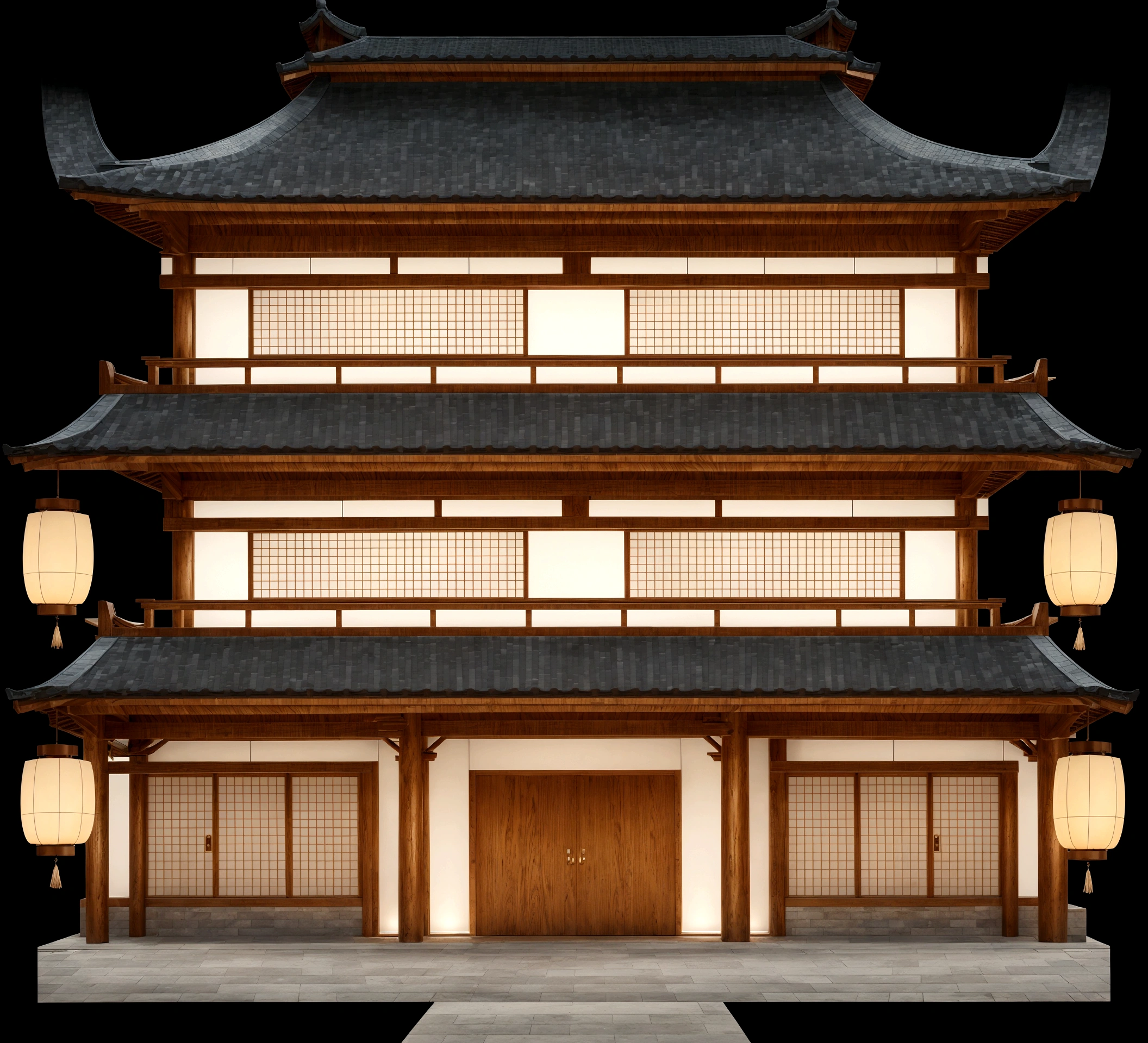 a close up of a building with lanterns on the top of it, ancient japanese architecture, digital painting of a pagoda, zen temple background, chinese building, japanese temple, european japanese buildings, japanese house, an extremely detailed building, japanese architecture, cyberpunk japanese temple, inspired by Tōshi Yoshida, temple background, japanese temples, background depicting a temple