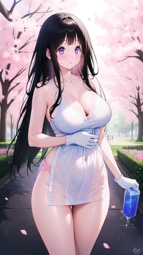 Amazing Chitanda, There is only one beautiful girl,Purple Eyes, Black Hair, Very red face,Very white skin,Glowing skin,Skin as delicate as porcelain,Naturally straight hair, Straight bangs,Extremely refined,Open lips,Long flowing hair,Beautiful Girl, Like a dream,Slim,Slim waist,Soft, (Sensual), (Kawaii), Dream quality,Beautiful ,Transparent loose school uniform,Areola,Comp naked,Lower edge east,White gloves,Flecoration,Deep V neckline,Loose neckline,Lace-up,Wide neckline,Walking in school,Place your hands on your inner thighs,Thighs clamp hands,Wet skin,Sweaty and sweaty,Sweating all over,Underwear Rain,Next to the cherry blossom trees,Back to,Lean over,Hips,Side body,Gluteal groove,Completely naked的臀部,Bare back,Completeled的背部,Light transmission,(no p,nopan,pussy juice,Bare shoulders,Bare neck,Ed collarbone,Exposing breasts,Exposing breasts侧面,Exposing breasts your waist,Show ttocks,Show your thposing the groin,(No pants),extremeltra-high resolution, (masterpiece:1.2, best quality), (Delicate and beautiful eyes: 1.2), (Beautiful and delicate face)