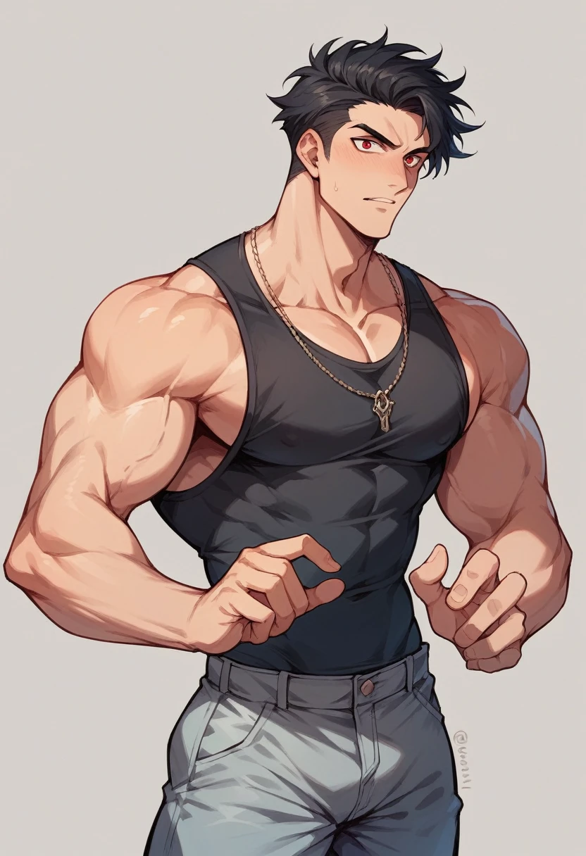 A handsome tall men with long black hair reaching his waist and red eyes 