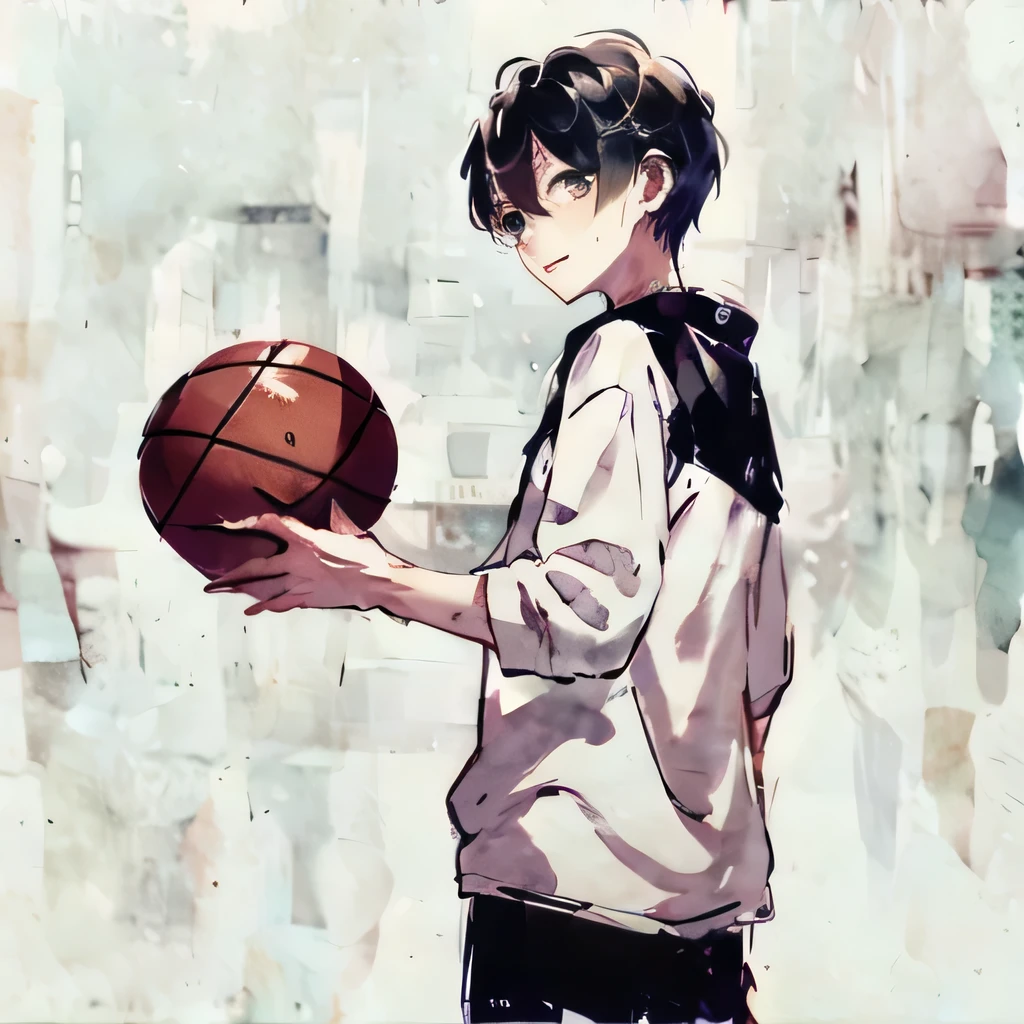 One boy, otoko no ko, Male Focus, alone, masterpiece, Highest quality, figure, Absurd, cute, movie_grain, Highly detailed face, Perfect lighting, Cowboy Shot, hideyoshi_kinoshita, Brown Hair, Green Eyes, hair ornaments, Hair Clip, Hair between the eyes, Flat Chest, See-through, basketball, Basketball uniform, Holding, Holding basketball, Sweat, Wet, Severe, running effect, Act fast, basketballのコート, Open your mouth, Physical sports, running, avert your eyes, dribble,
