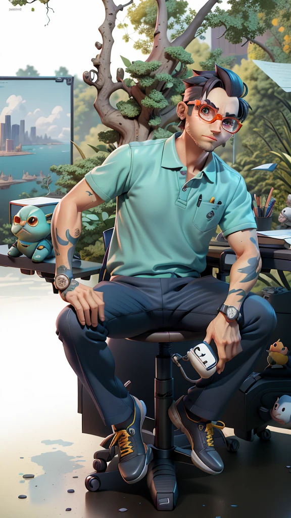 A young man in a suit, Short hair and glasses sat at his desk,holding laptop,digitial painting,tigre,3D character design by Mark Clairen and Pixar and Hayao Miyazaki and Akira Toriyama,4K HD illustration,Very detailed facial features and cartoon-style visuals。