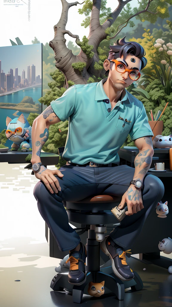 A young man in a suit, Short hair and glasses sat at his desk,holding laptop,digitial painting,tigre,3D character design by Mark Clairen and Pixar and Hayao Miyazaki and Akira Toriyama,4K HD illustration,Very detailed facial features and cartoon-style visuals。