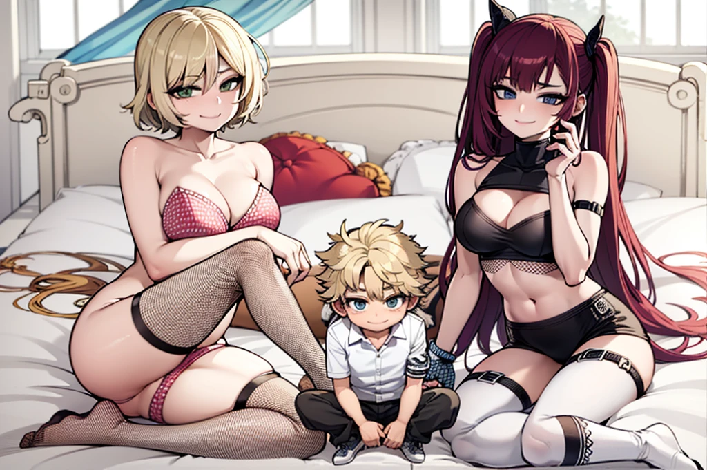 two sexy women on bed by boy with blonde hair, flirtatious smiles, all women look at boy