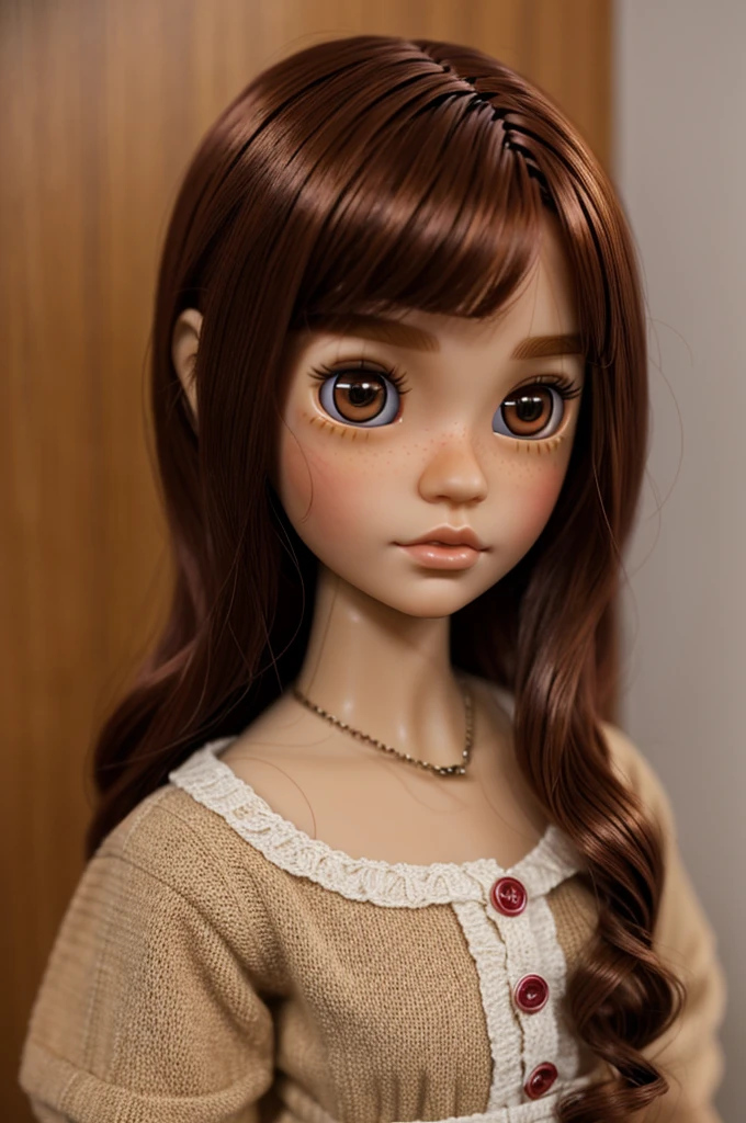 generates a beautiful blythe doll with light skin, brown eyes and deep red hair, not so long