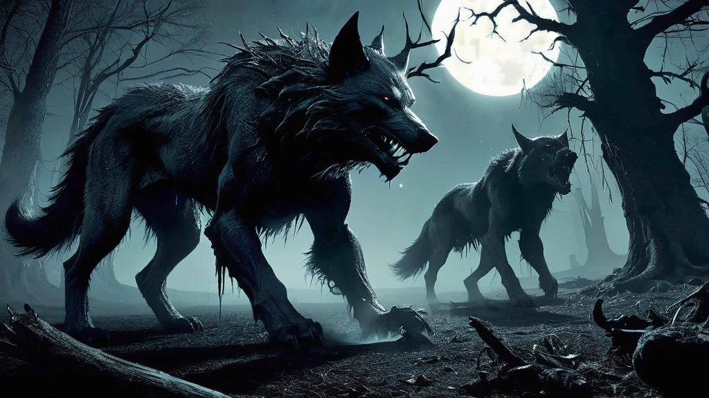 In the heart of the foreboding Blackwood Forest, under the cold, silver light of a full moon, two werewolves emerge from the shadows. Their forms are hulking and feral, with rippling muscles covered in coarse, dark fur. Their eyes glow with an unnatural luminescence, reflecting the primal hunger and ancient curses that bind them.
The first werewolf, standing tall with a mane of tangled fur and scars crisscrossing its body, lets out a guttural growl that echoes through the trees. Its claws are sharp as daggers, ready to rend anything that crosses its path. Beside it, the second werewolf, slightly smaller but no less menacing, snarls, baring its fangs that drip with anticipation.
The forest around them is alive with the sounds of nocturnal creatures, now eerily silent, sensing the presence of these nightmarish predators. The twisted trees cast long, sinister shadows, their gnarled branches forming a canopy that blocks out the moonlight, creating a maze of darkness.
The ground is littered with fallen leaves and the remnants of previous hunts—shredded clothing, broken weapons, and bones gnawed clean. The air is thick with the scent of damp earth and blood, a testament to the brutal nature of these cursed beings.
In the distance, the faint glow of a village fire can be seen, a reminder of the human lives that unknowingly share the night with these monstrous creatures. The werewolves' ears twitch, catching the sound of a distant howl, a call to hunt, to feed, to unleash the fury of their curse upon the world.
What ancient magic transformed these humans into beasts? What drives them to roam the dark woods under the full moon? This AI-generated image captures the menacing and mystical atmosphere of two werewolves prowling through the haunted forest in a medieval dark fantasy setting