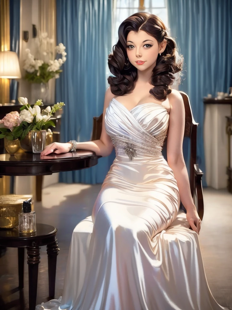 arafed woman in a white dress sitting on a chair, a pastel by Carl Eytel, flickr, fine art, circa 1940s, 1940s, 1 9 4 0 s, 1 9 4 0's, 1 9 5 0 s, 1950s, susan hayward, 1 9 3 0 s