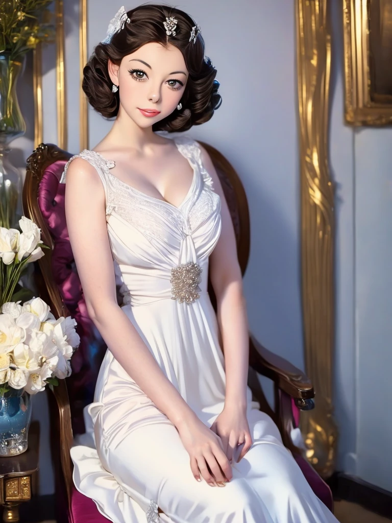 arafed woman in a white dress sitting on a chair, a pastel by Carl Eytel, flickr, fine art, circa 1940s, 1940s, 1 9 4 0 s, 1 9 4 0's, 1 9 5 0 s, 1950s, susan hayward, 1 9 3 0 s