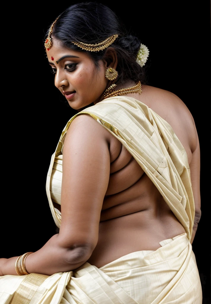 An Extremely gorgeous and beautiful Bengali village woman, 45 yo, pale white skin, sensual appealing body, perfect thick and chubby Beauty, wearing saree bare-chested, curvy, sexy navel folds, fleshy figure, Bengali village style saree, wearing a Bengali-style saree without a blouse,, ethnic vintage bengali village woman, bengali style saree, The sari was worn without a blouse and petticoat before the British Raj, baring one's chest or being blouseless, Bengalis a.k.a. Bongs are known for their unique Bengali fashion sense (the way they don that sari makes you go wow), Pre British Raj, Pre colonial era, Bengali Woman draping sari without blouse is a normal thing in pre British Era, bong woman,