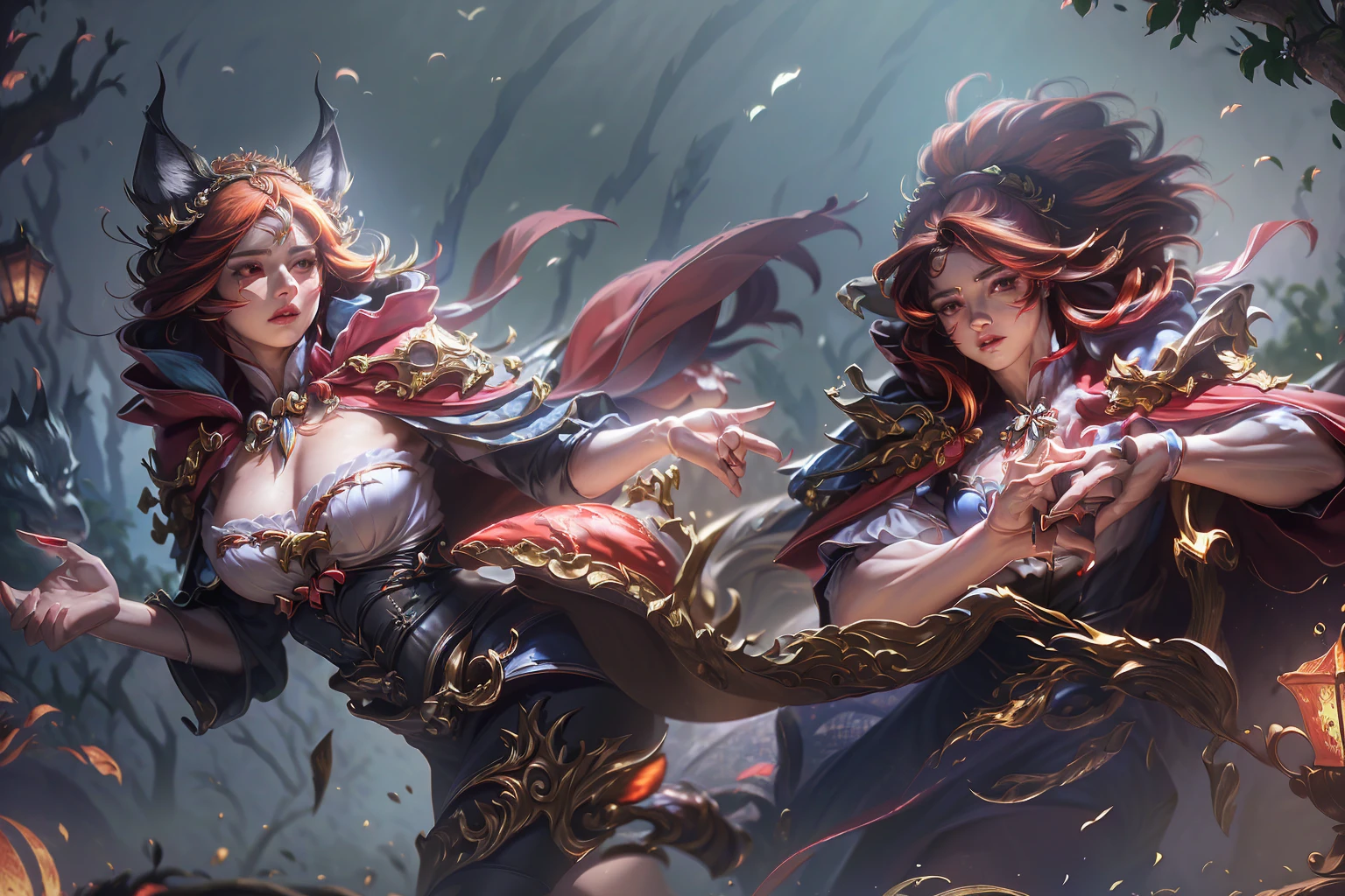 a beautiful detailed girl with chapéuzinho vermelho, wolf ears and wolf tail, alchemist, holding a cesta, sensual, highly detailed, 8k, photorealistic, intricate details, dramatic lighting, cinematic, chiaroscuro, moody atmosphere, fiery colors, deep shadows, glowing eyes, captivating expression, (best quality,4k,8k,highres,masterpiece:1.2),ultra-detailed,(realistic,photorealistic,photo-realistic:1.37),HDR,UHD,studio lighting,ultra-fine painting,sharp focus,physically-based rendering,extreme detail description,professional,vivid colors,bokeh
