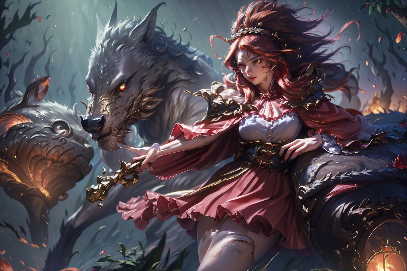 a beautiful detailed girl with chapéuzinho vermelho, wolf ears and wolf tail, alchemist, holding a cesta, sensual, highly detailed, 8k, photorealistic, intricate details, dramatic lighting, cinematic, chiaroscuro, moody atmosphere, fiery colors, deep shadows, glowing eyes, captivating expression, (best quality,4k,8k,highres,masterpiece:1.2),ultra-detailed,(realistic,photorealistic,photo-realistic:1.37),HDR,UHD,studio lighting,ultra-fine painting,sharp focus,physically-based rendering,extreme detail description,professional,vivid colors,bokeh