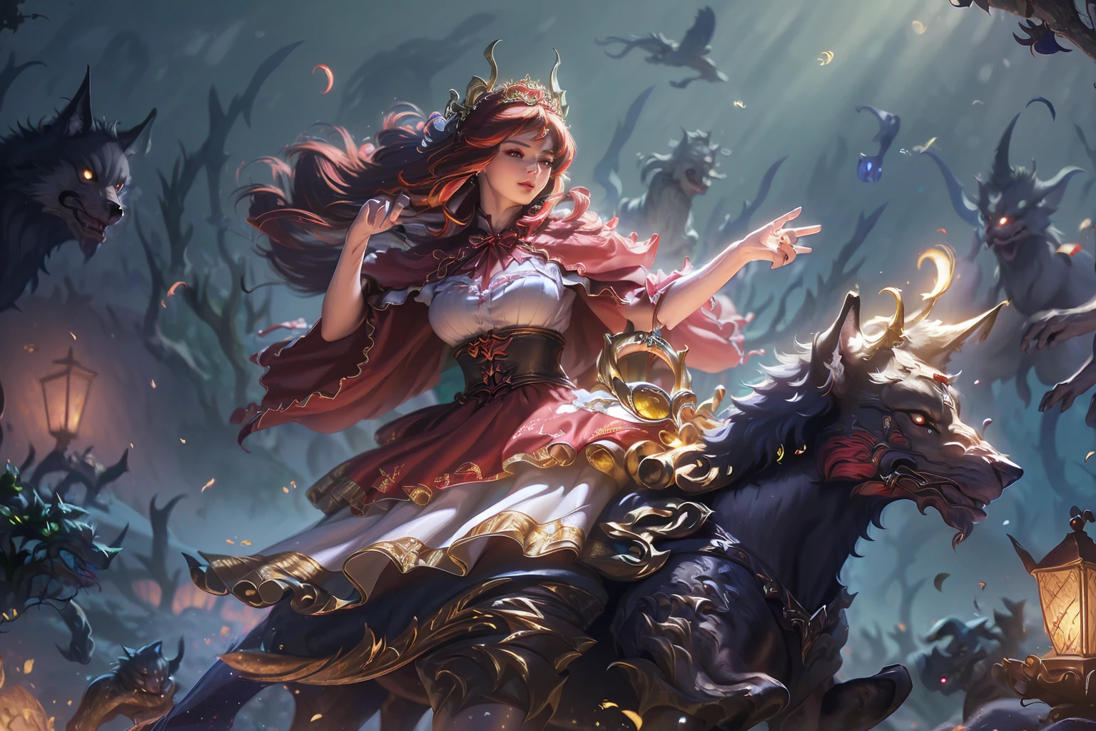 a beautiful detailed girl with chapéuzinho vermelho, wolf ears and wolf tail, alchemist, holding a cesta, sensual, highly detailed, 8k, photorealistic, intricate details, dramatic lighting, cinematic, chiaroscuro, moody atmosphere, fiery colors, deep shadows, glowing eyes, captivating expression, (best quality,4k,8k,highres,masterpiece:1.2),ultra-detailed,(realistic,photorealistic,photo-realistic:1.37),HDR,UHD,studio lighting,ultra-fine painting,sharp focus,physically-based rendering,extreme detail description,professional,vivid colors,bokeh