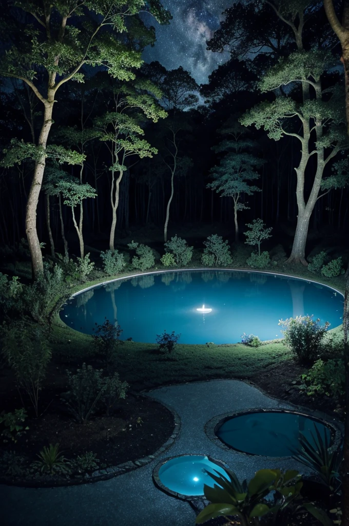 Blue water rond shaped pond  surrounded by thick sandelwood forest during night time with black sky
