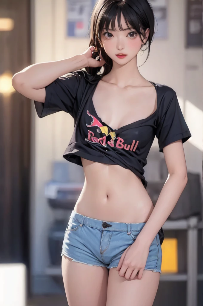 ((masterpiece, best quality)),((highres:1.2)), 1 Girl, solo, Blurred Background, (((Small breasts))), Thighs, (Stripe underwear), red bull T-Shirts, nipple